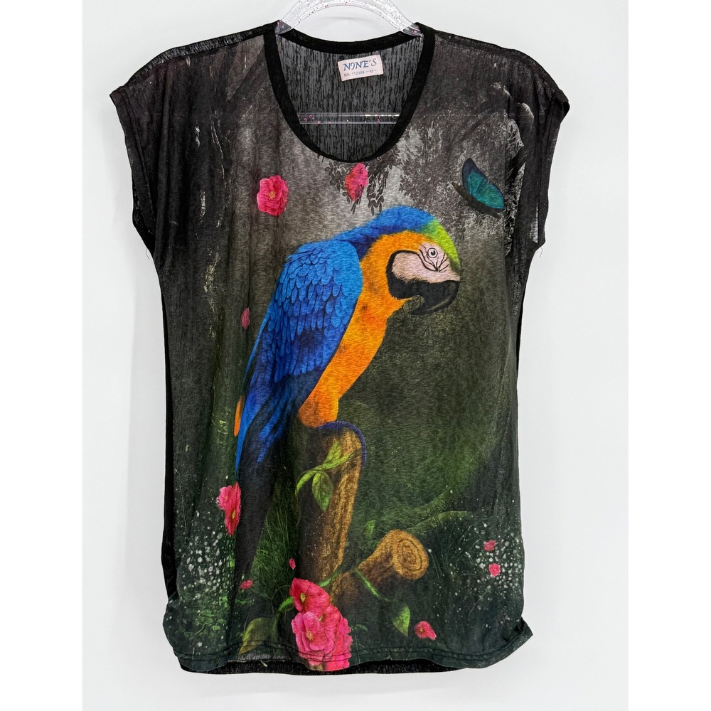 Nine's Women Black Burnout Tropical Parrot‎ Floral Graphic Cap Sleeve Top Sz M